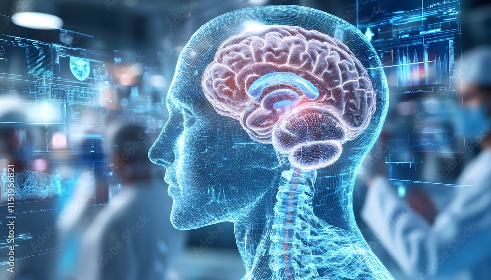 Poster a high-tech visualization of the human brain, showcasing neural pathways and connections. this digit