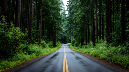 Fototapeta premium Quiet forest road in Portland Oregon surrounded by tall pine trees and lush green foliage
