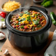 A rustic slow cooker filled with a hearty stew of pinto beans, diced green chiles, tomatoes, and ground beef, simmering in a rich, spiced broth.