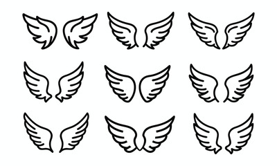 Collection of Angel Wing Line Icons, A set of nine minimalist angel wing icons in line art style, symbolizing freedom, spirituality, protection, and elegance.
