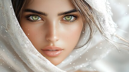 An extremely beautiful Kurd girl with large green eyes, small pink lips, and a radiant smile, wearing a white dress with intricate button details, captured in soft diffuse lighting, ultra-realistic, 