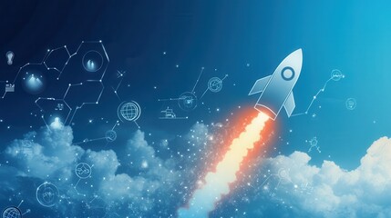Innovative Rocket Launch, Digital rocket ascends with business icons and growth symbols, representing the power of innovation in enterprise success