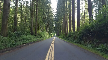 Obraz premium Quiet forest road in Portland Oregon surrounded by tall pine trees and lush green foliage