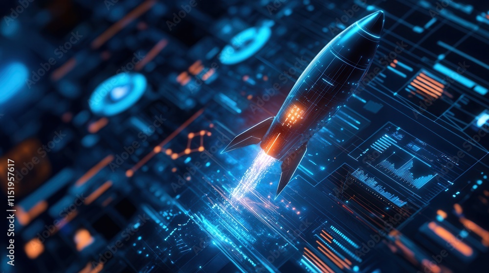 Poster digital rocket ascending with futuristic business data and tools, representing innovation and growth