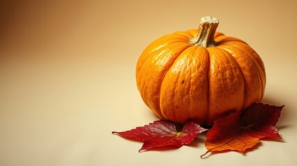 Naklejka premium A single, ripe pumpkin rests on a soft, beige surface, surrounded by vibrant, fallen leaves, creating a warm, autumnal scene.