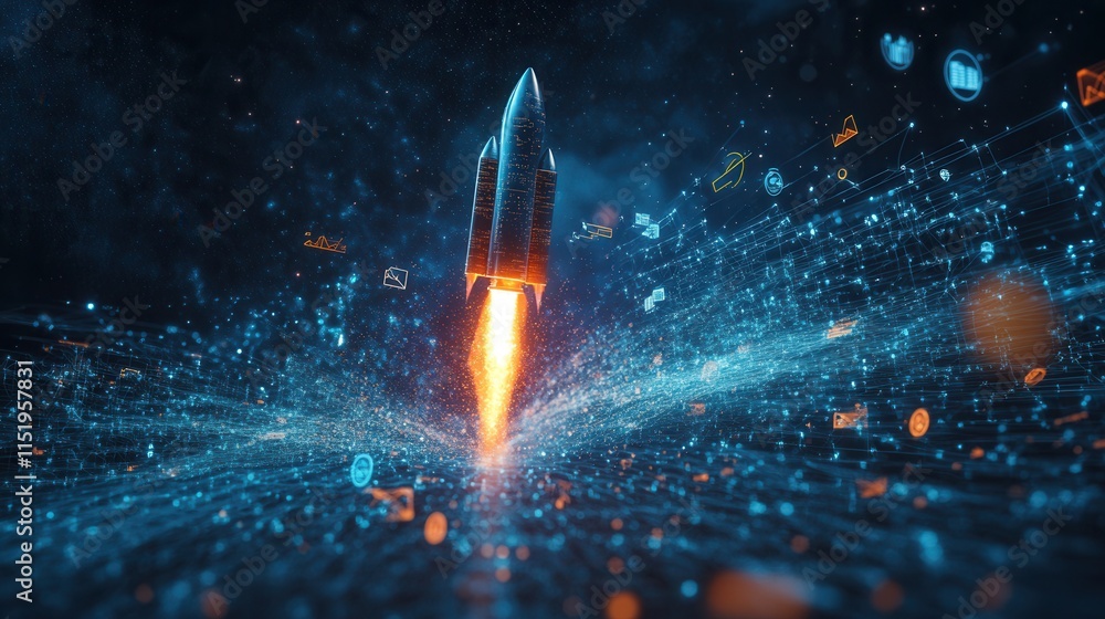 Poster digital rocket soaring through vibrant skies, enveloped by luminous data streams and symbols of busi