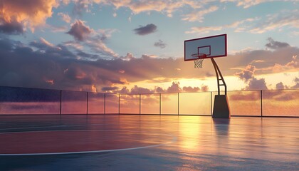 Basketball hoop against a colorful sunset sky backdrop.