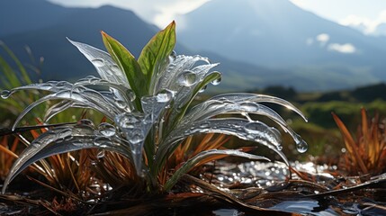 Fototapeta premium Mountain Dewdrops: A Serene Alpine Plant