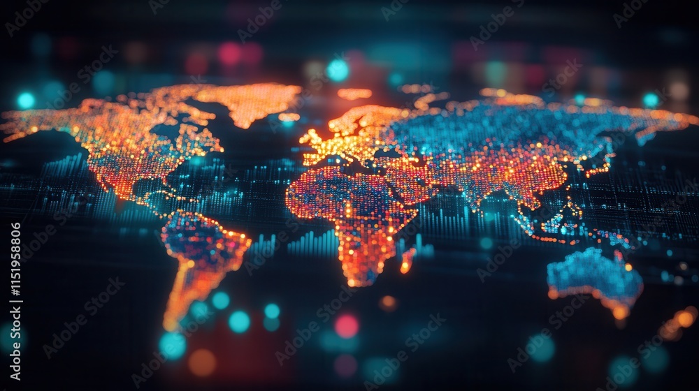 Poster global market dynamics, an interactive digital map showcasing market growth and deglobalization chal