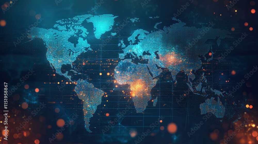 Poster global market dynamics, a digital map showcasing data points reflecting market growth and the comple