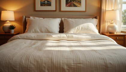 Serene bedroom with cozy linens and soft sunlight illuminating a peaceful retreat