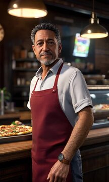 A middle-aged man, approximately 48 years old, standing in a cozy pizzeria