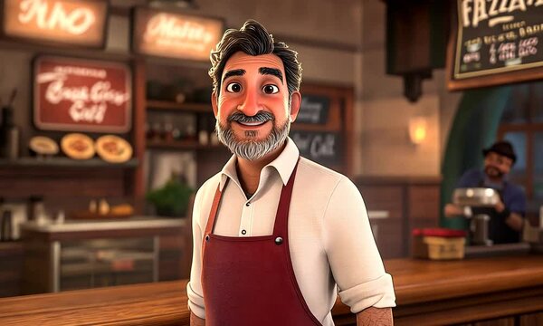 A middle-aged man, approximately 48 years old, standing in a cozy pizzeria