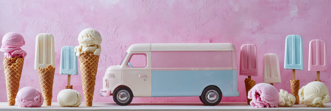Delightful ice cream truck with colorful cones and popsicles on display