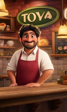 A middle-aged man, approximately 48 years old, standing in a cozy pizzeria