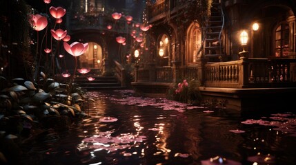 Obraz premium Enchanted Canal: A Nighttime Fantasy Scene