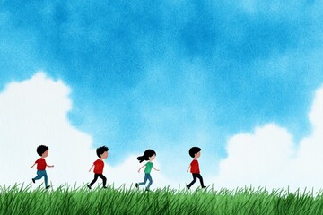 A dreamy watercolor illustration of children playing in a grassy meadow, with the vibrant colors of the grass and sky fading into each other