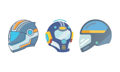 A modern set of futuristic helmets, including a motorbike, robotic, and sci-fi design, ideal for technology, sports, or gaming themes.  
