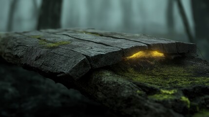 Obraz premium A Mysterious Bridge Transforming into a Glowing Pathway in a Foggy Forest Landscape, Inviting Exploration and Wonder Amidst Nature's Mystique