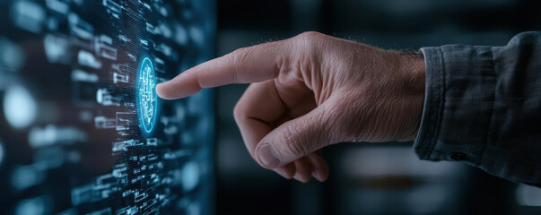 hand interacting with glowing holographic interface displaying data