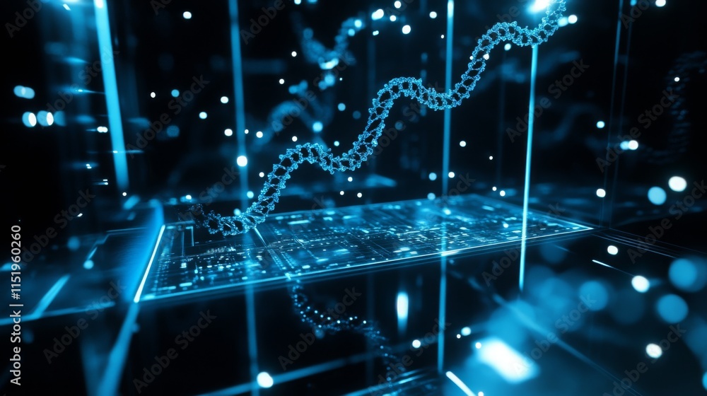Fototapete A complex representation combines artificial intelligence and bioinformatics, showcasing a digital structure of genetic data and neural networks.