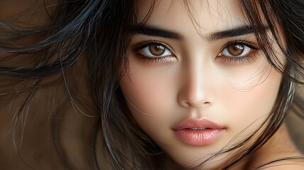 Captivating close-up of a youthful woman with vibrant skin and lustrous thick hair, gazing warmly into the camera. Her small nose and glowing appearance contrast beautifully with a solid dark 
