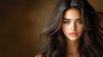 Fototapeta premium Morning glow of a youthful woman with soft, smooth hair and luminous skin, gazing calmly into the lens. Her cheerful aura is enhanced by the solid dark brown background. Ultra-realistic, photo-realist