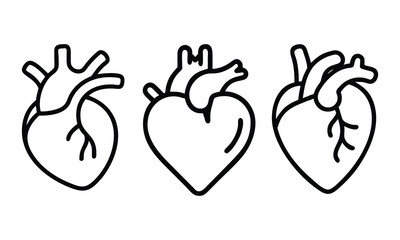 Black and white line drawings of anatomical hearts showing simplified details of arteries and veins, emphasizing medical and educational design.  
