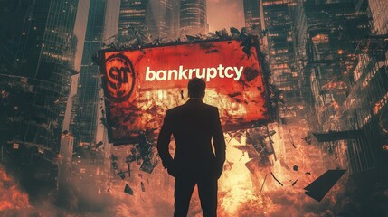 CEO confronting adversity, towering bankruptcy sign, shattered assets surrounding, embodiment of business struggle and resilience