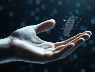 Digital handprint scan glowing biometric data in dark background