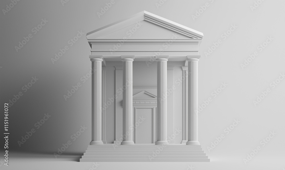 Poster a minimalist icon of a courthouse façade with columns, rendered in sleek grayscale.