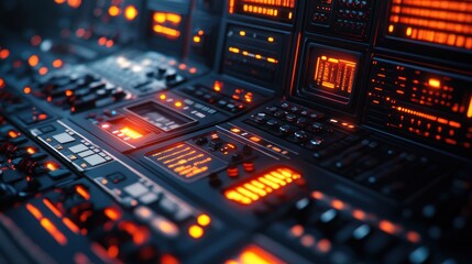 A futuristic control panel with glowing buttons, dials, and screens in a dark, high-tech setting.