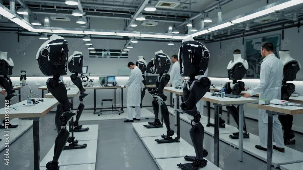Poster advanced robotics research and development in a high-tech laboratory featuring humanoid robots and s