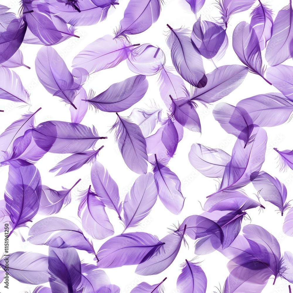 Poster purple feathers falling on white background creating a seamless pattern, ideal for backgrounds, text