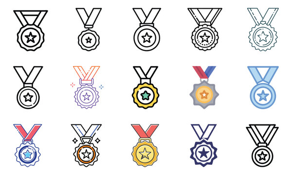A collection of medal icons in various styles and colors, featuring stars, ribbons, and award symbols for recognition and achievements.  
