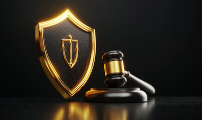 Golden shield and gavel symbolizing justice and law. Dark background enhances the image's authority and professionalism.