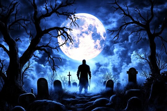 A gothic portrayal of a guy in dark Victorian clothing, standing in a misty graveyard under a full moon