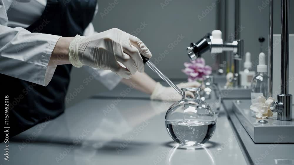 Aufkleber expert conducts precise experiment with glassware in modern laboratory setting