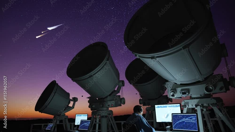 Poster Observing celestial events with large telescopes at dusk against a starry sky