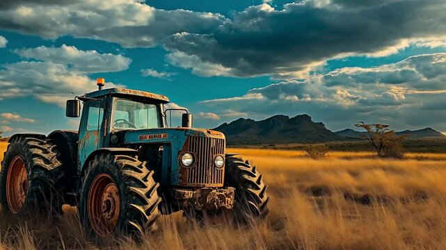 An old rusted tractor standing idle in a windswept grassland. Concept of deserted farmland and rural nostalgia.