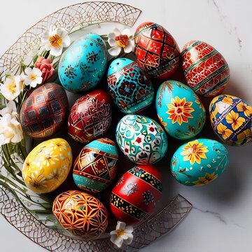 Decorated Easter eggs with traditional folk patterns. Top view Easer greeting card. Motion rotation