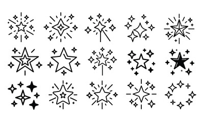 A collection of star-themed black-and-white icons featuring various starburst, sparkle, and twinkle designs, ideal for decorative or celebratory purposes.  
