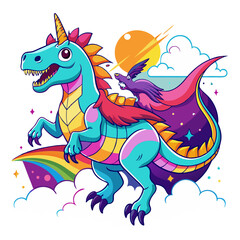 Fototapeta premium Cartoon unicorn riding a T-Rex vector illustration