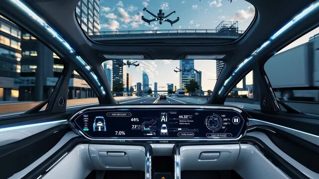 Futuristic urban landscape features advanced technology and autonomous driving systems
