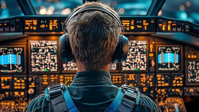 The rear view of a professional pilot in headphones highlights the complexity of a high-tech cockpit. Concept of aviation mastery and technological innovation.