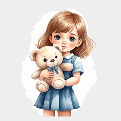 Adorable young girl with light brown hair hugs her favorite teddy bear. Watercolor illustration.