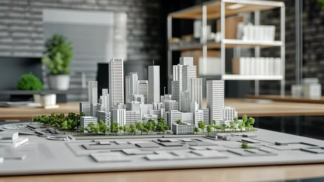 Detailed architectural model of a modern urban landscape in a design studio