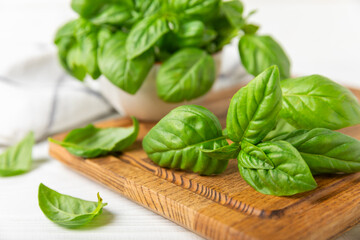 Green basil leaves on a textured wooden background. Kitchen herbs, spices. Fresh green organic basil. Vegan. Greens for salad. Place for text. Copy space.
