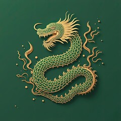 Fototapeta premium Majestic Golden Dragon Illustration on a Deep Green Background with Intricate Details and Symbolism