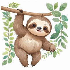 Obraz premium Adorable sloth hanging from a branch, surrounded by lush green leaves. A charming illustration perfect for kids' rooms or nature-themed projects.